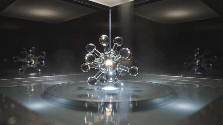 Falling beam lighting metal orb with glass rods turning above base in mirror cube showing surfaces