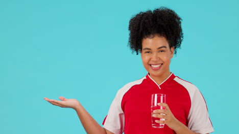 Sports,-palm-gesture-and-happy-woman-drinking