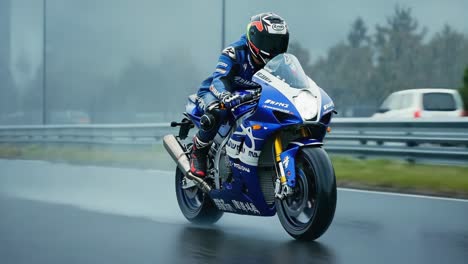sport motorcycle rider on a wet track