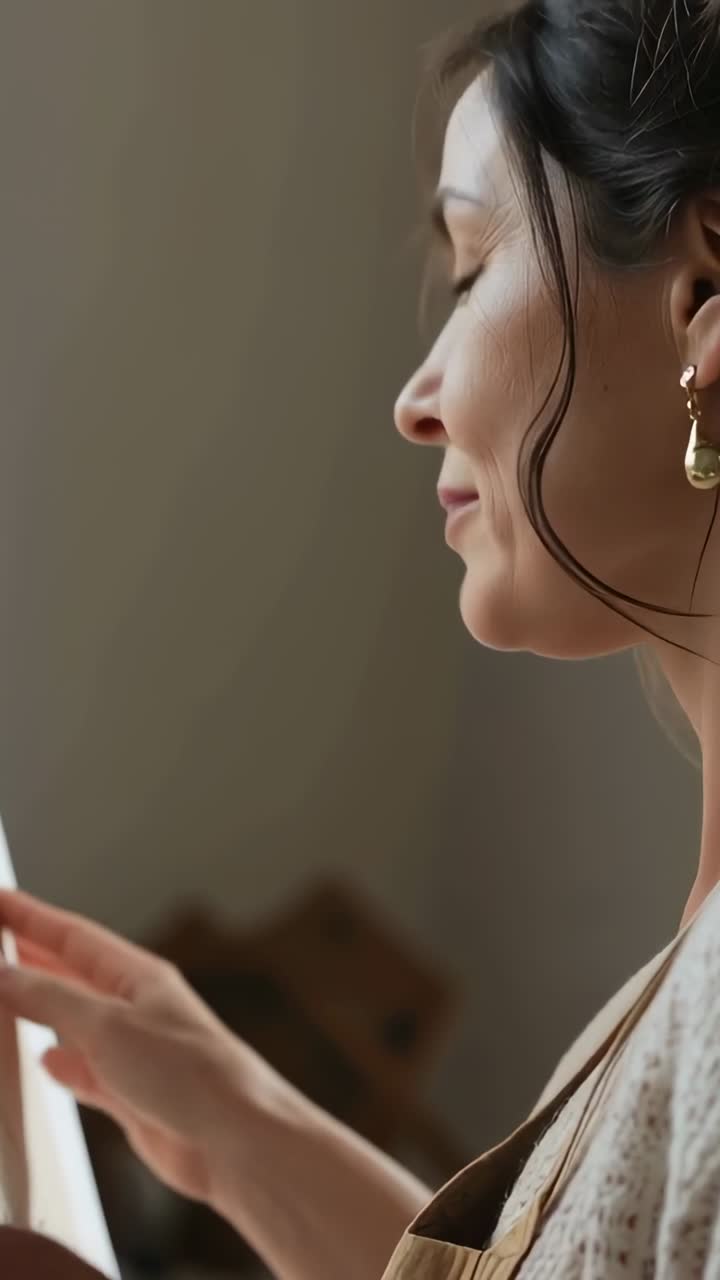Video verticale: donna di mezza età che alza la mano, leviga una tela in studio, sistema il layout con il grembiule.