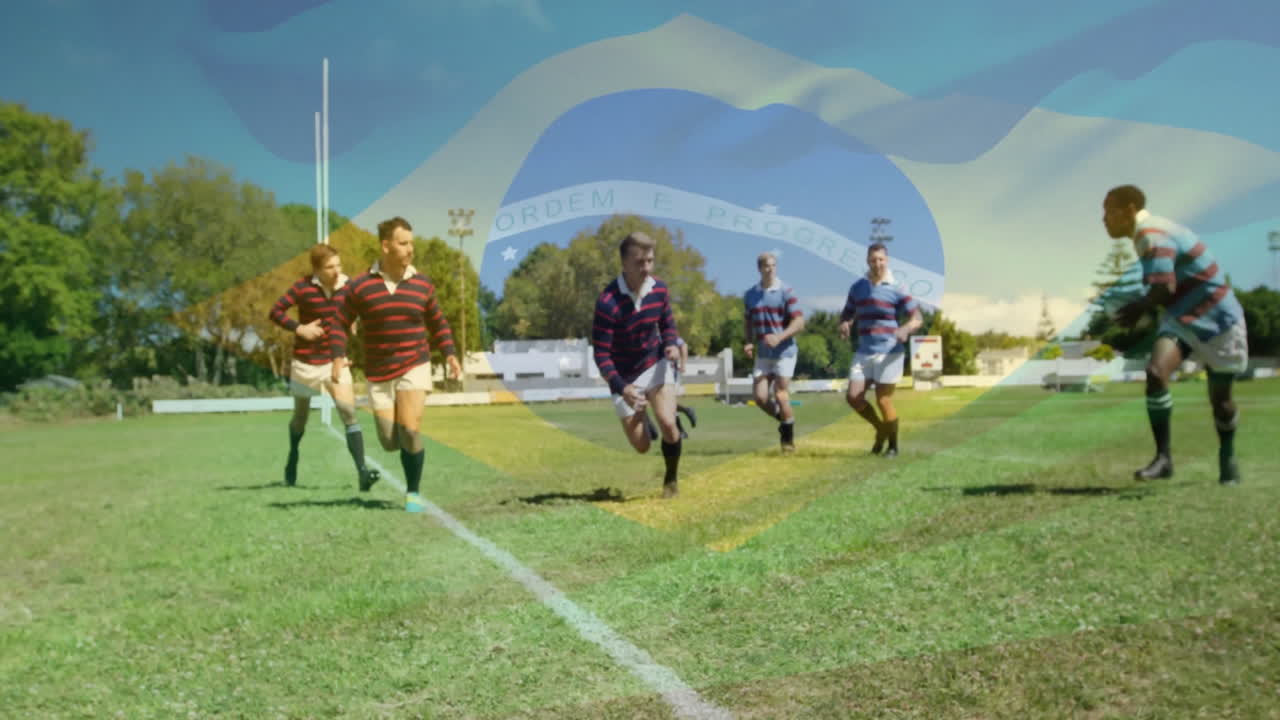 Rugby players running on field with Brazilian flag animation overlay