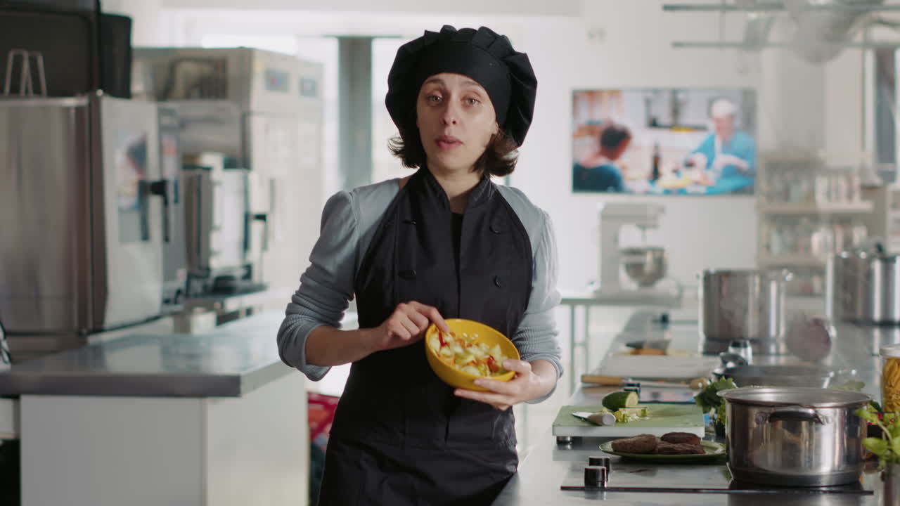 POV of female chef teaching gastronomy on cooking show