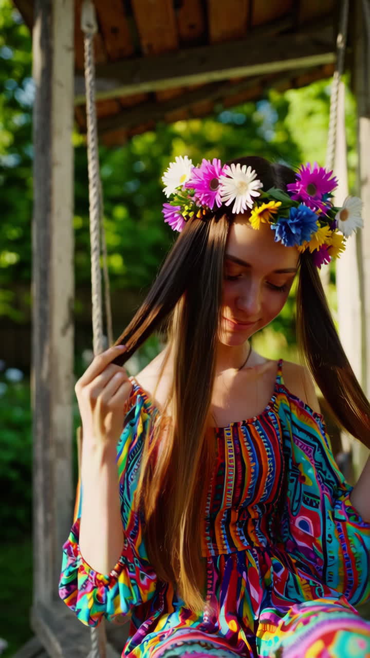 Girl with flower crown on a swing