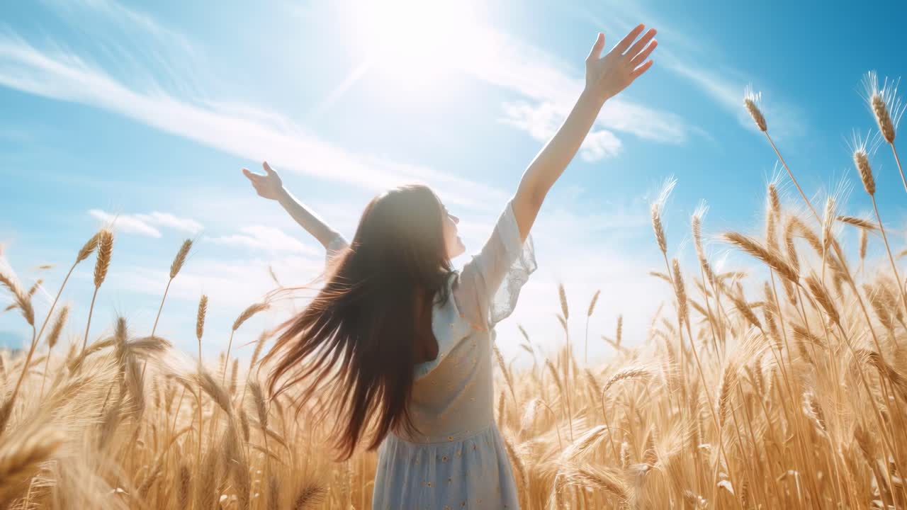 A woman in a wheat field with arms raised, captured from a low angle