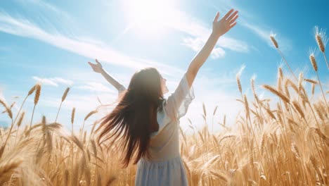 A woman in a wheat field with arms raised, captured from a low angle