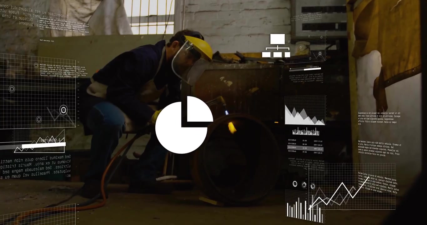 Man cutting metal pipe with torch in factory, with digital charts and code overlays floating