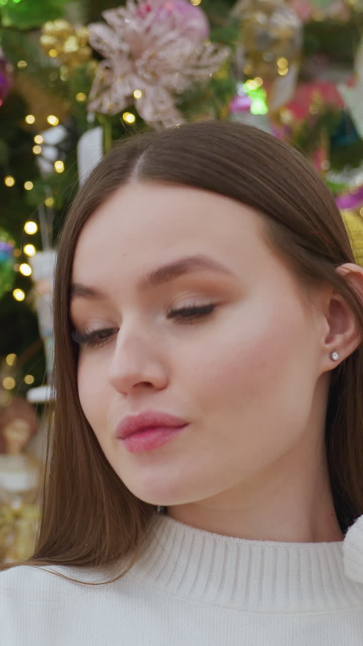 Beautiful lady in white sweater takes a selfie in front of vibrant Christmas tree in a well-lit decor store, she adjusts her hair while other shoppers are blurred in the background