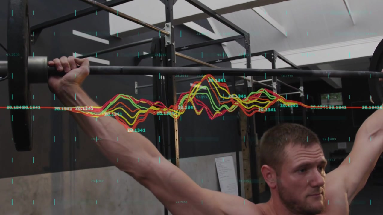 Atleta maschio che afferra il bilanciere, si solleva e spinge per il fitness, con monitoraggio del movimento tramite forma d'onda.