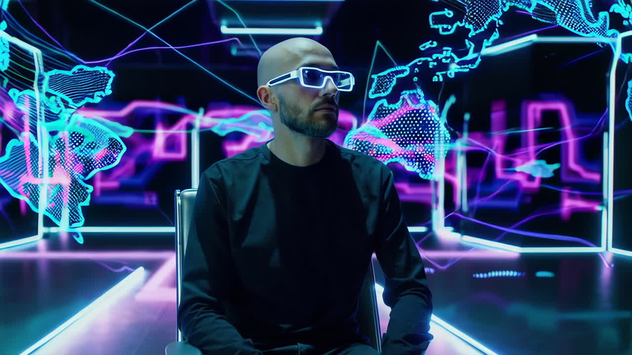 Man in VR headset viewing global data projection