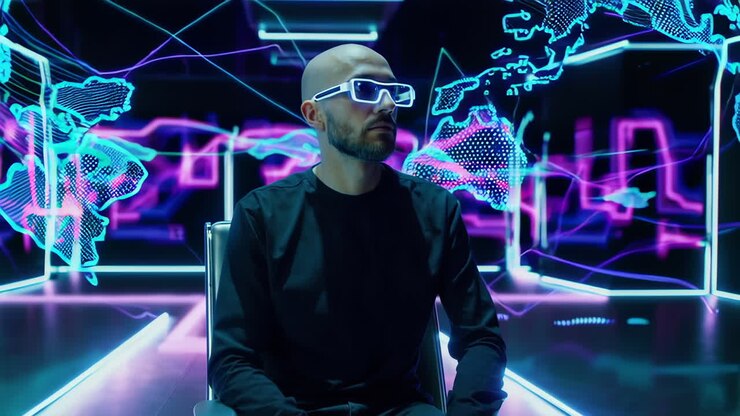 Uomo con visore VR che visualizza una proiezione di dati globali