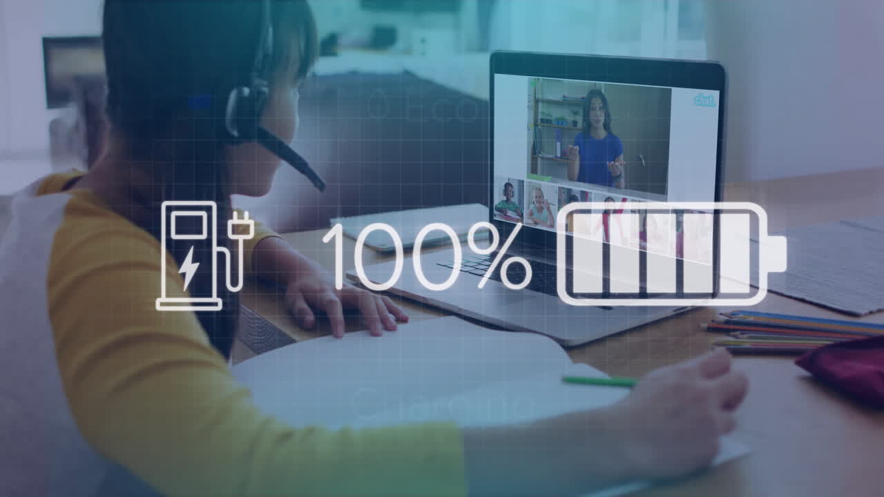 Using laptop for video call, person checking charging and battery status animation