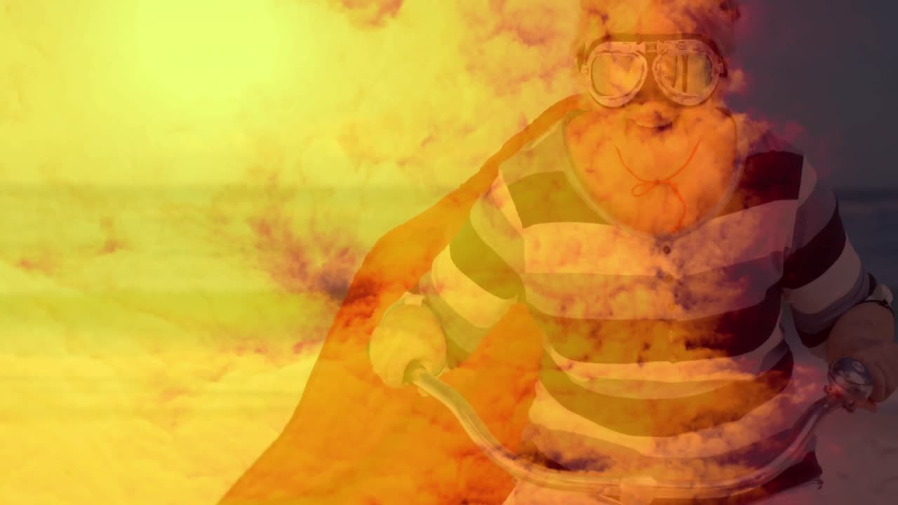 animación de una mujer mayor con capa montando en bicicleta con nubes anaranjadas moviéndose y el coronavirus se extiende