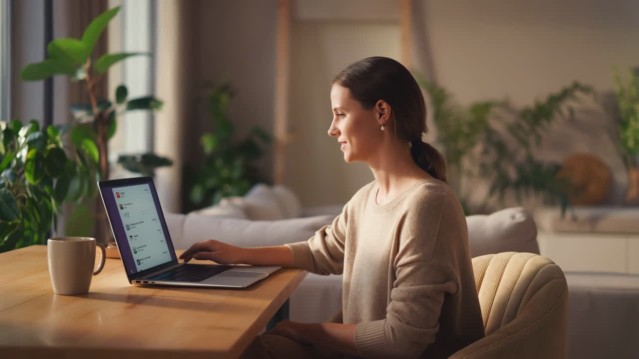 집에서 노트북에서 일하는 여자