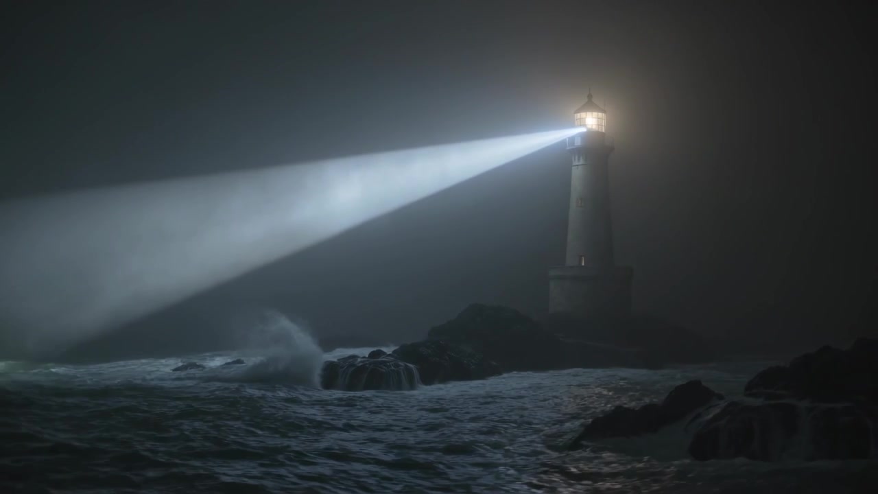 Rotating lighthouse lamp sweeping beam over foggy sea, showing rocks and surf, copy space