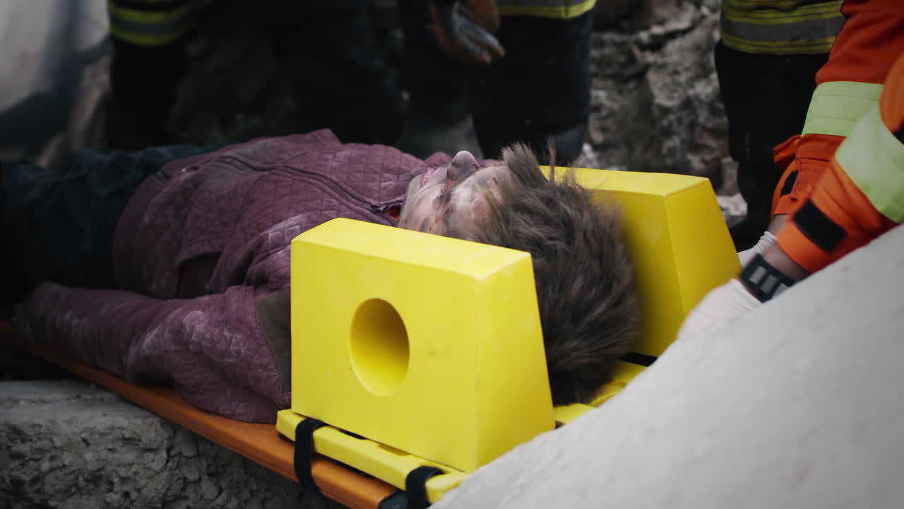 Injured person being transported on a stretcher by emergency personnel