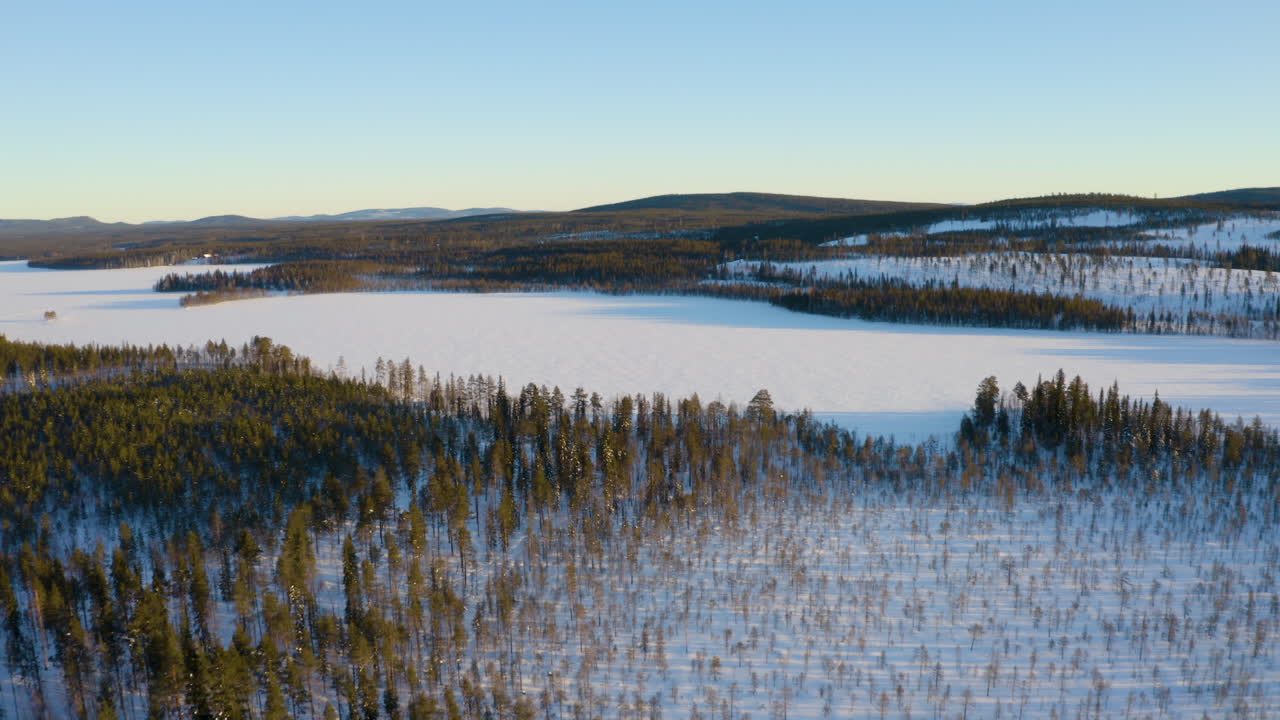 Veduta aerea che sorvola una splendida foresta di pini innevata e gelida attraverso un paesaggio montano scandinavo.