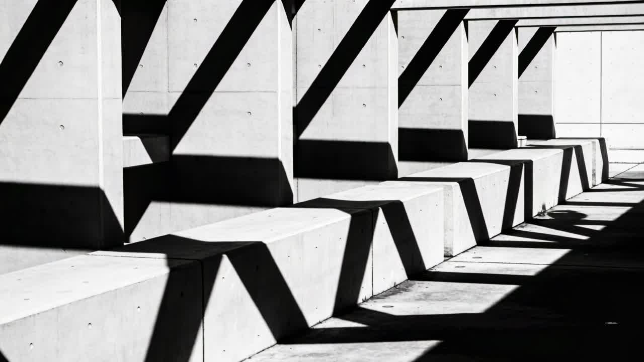 Video verticale: Proiezione di ombre diagonali illuminate dal sole su sedili in cemento, piccoli detriti che si spostano