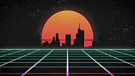 animación del sol naranja brillante y el paisaje urbano sobre la cuadrícula verde por la noche