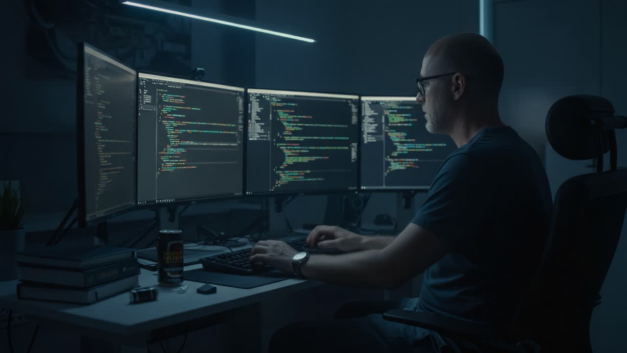 A focused programmer immersed in coding at a multi-monitor workstation, showcasing advanced programming skills in a sleek, low-light environment with vibrant screen displays