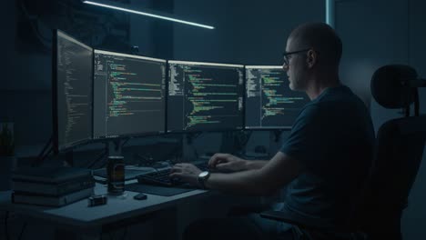 a focused programmer immersed in coding at a multi-monitor workstation, showcasing advanced programming skills in a sleek, low-light environment with vibrant screen displays