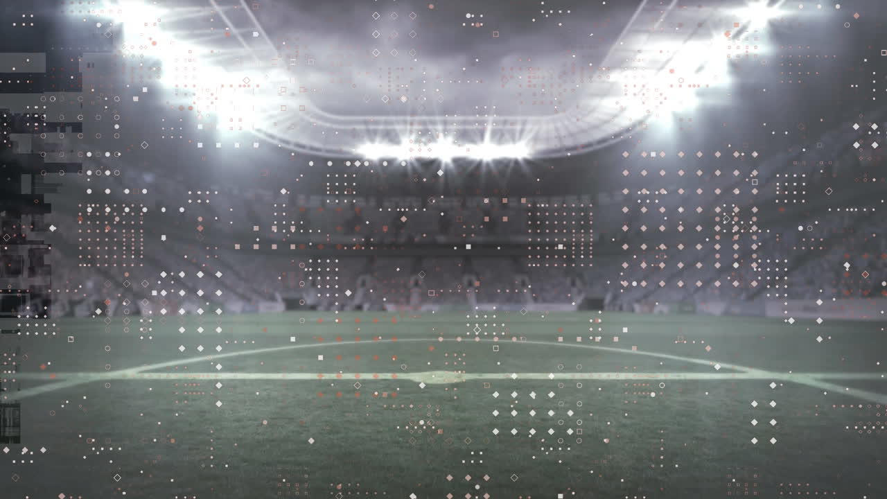 Animation of white spots moving over sports stadium