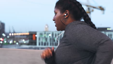 Fitness,-running-and-plus-size-woman-listening-to