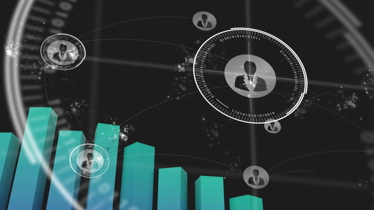 Animazione di rete di connessioni con icone ed elaborazione di dati statistici su sfondo nero
