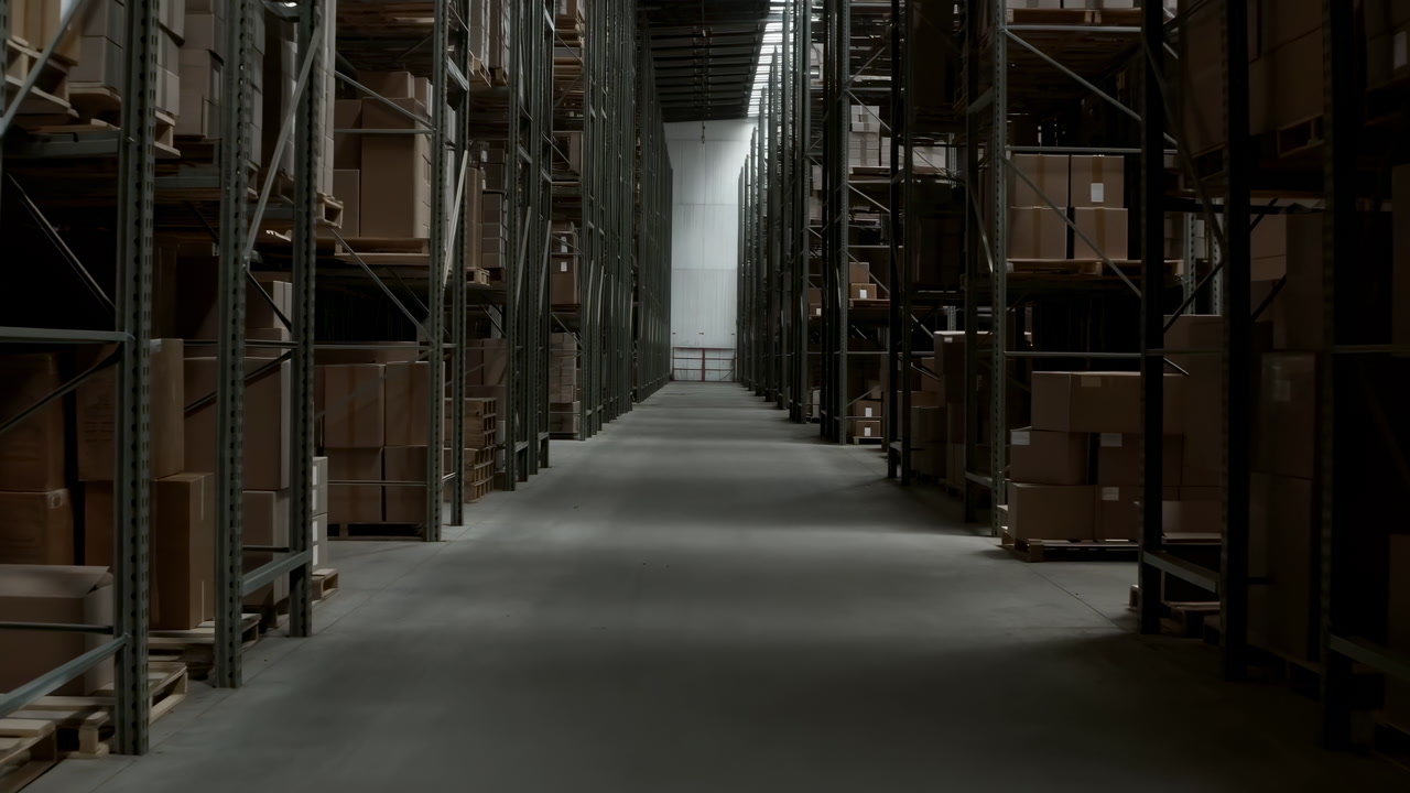 Empty Warehouse Aisle Lined With Shelves, Stacked Boxes, Concrete Floor And Distant Skylight Moody Industrial