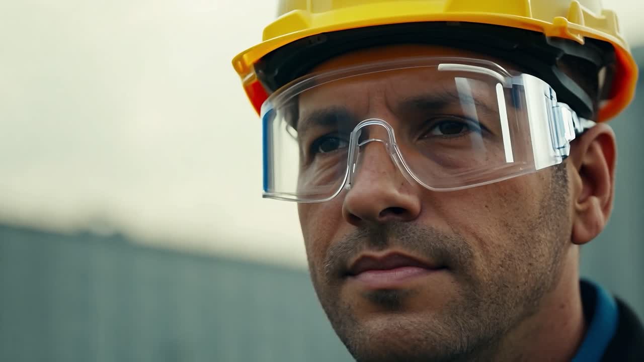 trabajador de la construcción con gafas de seguridad y casco mirando hacia arriba