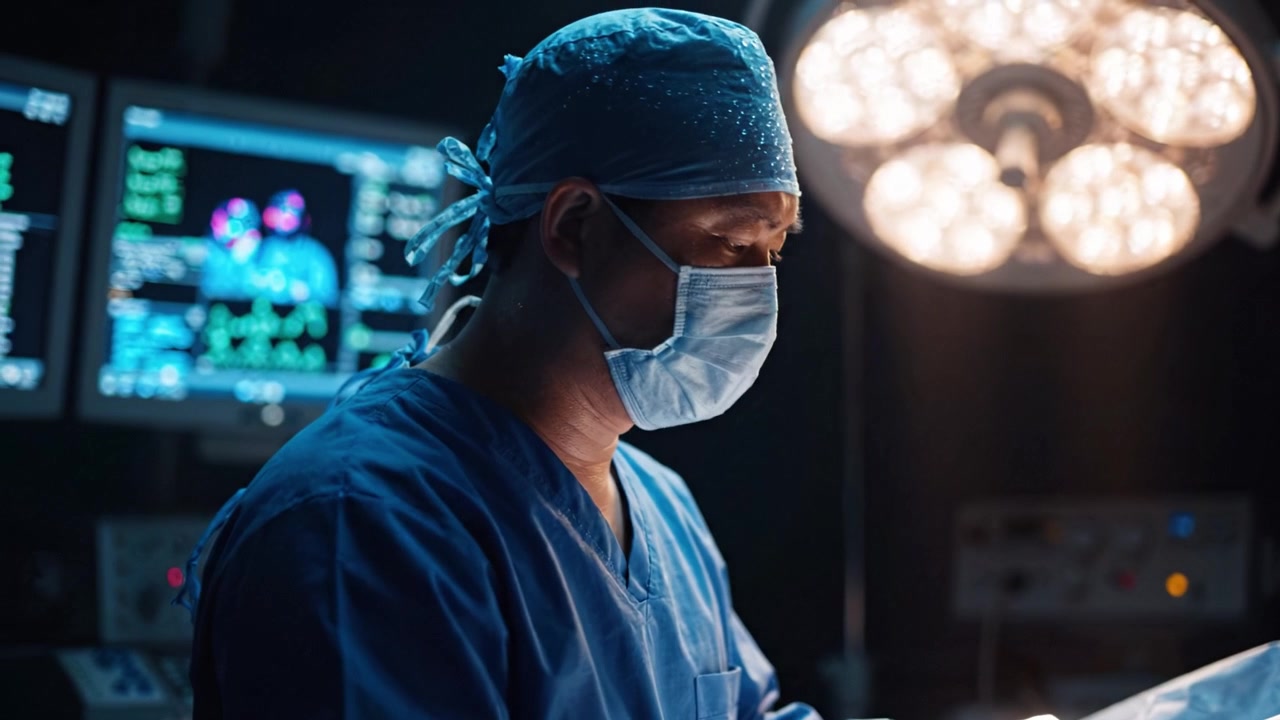 Focused Surgeon in Operating Room Performing Surgery with Advanced Medical Equipment and Intense Lighting Showcasing Professional Skill and Precision