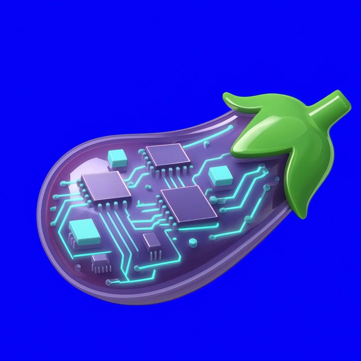 3D Animation of a Cybernetic Eggplant Rotating on Blue Background