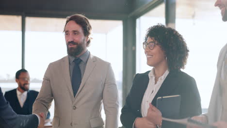 ceo, woman or businessman shaking hands in b2b