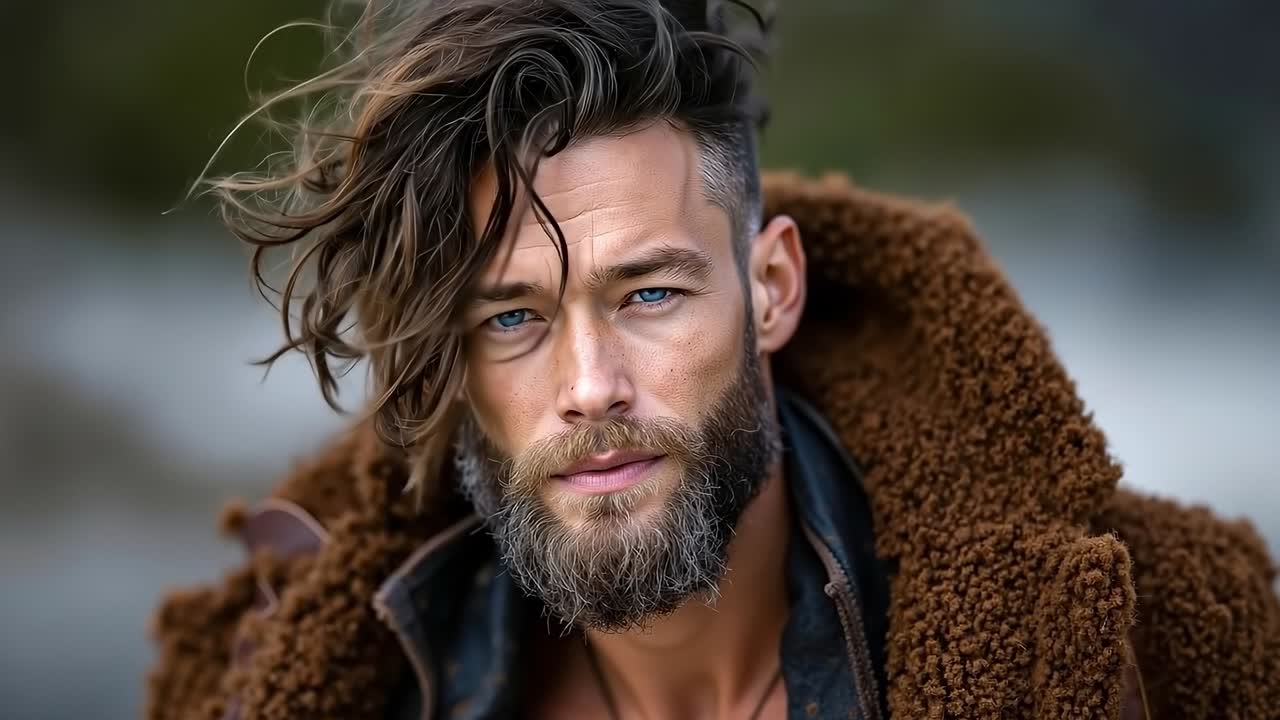 A man with long hair and a beard wearing a brown jacket