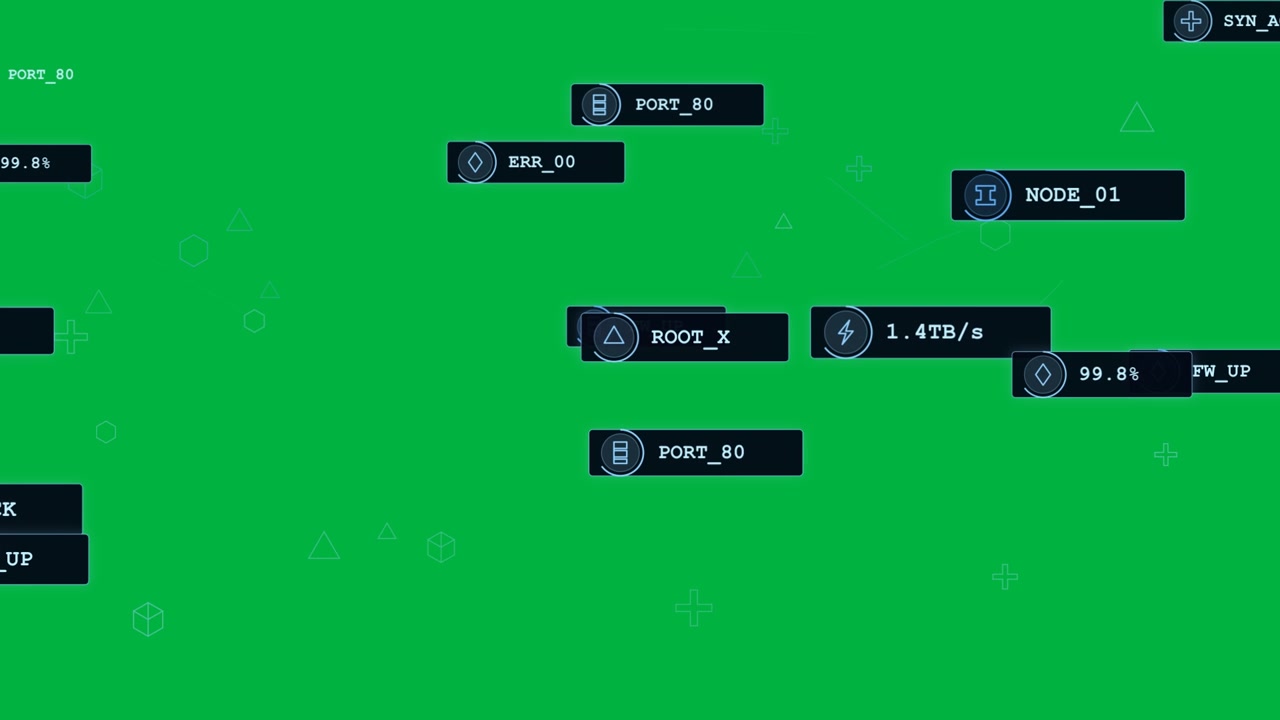On startup network HUD animating, badges clustering, linking to show health on transparent backdrop