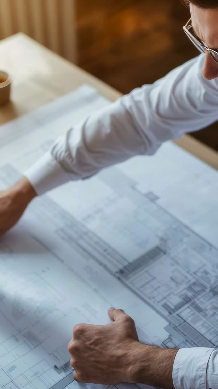 Vertical video: Checking plans, man white shirt, specs aligning plans at table with cup, copy space