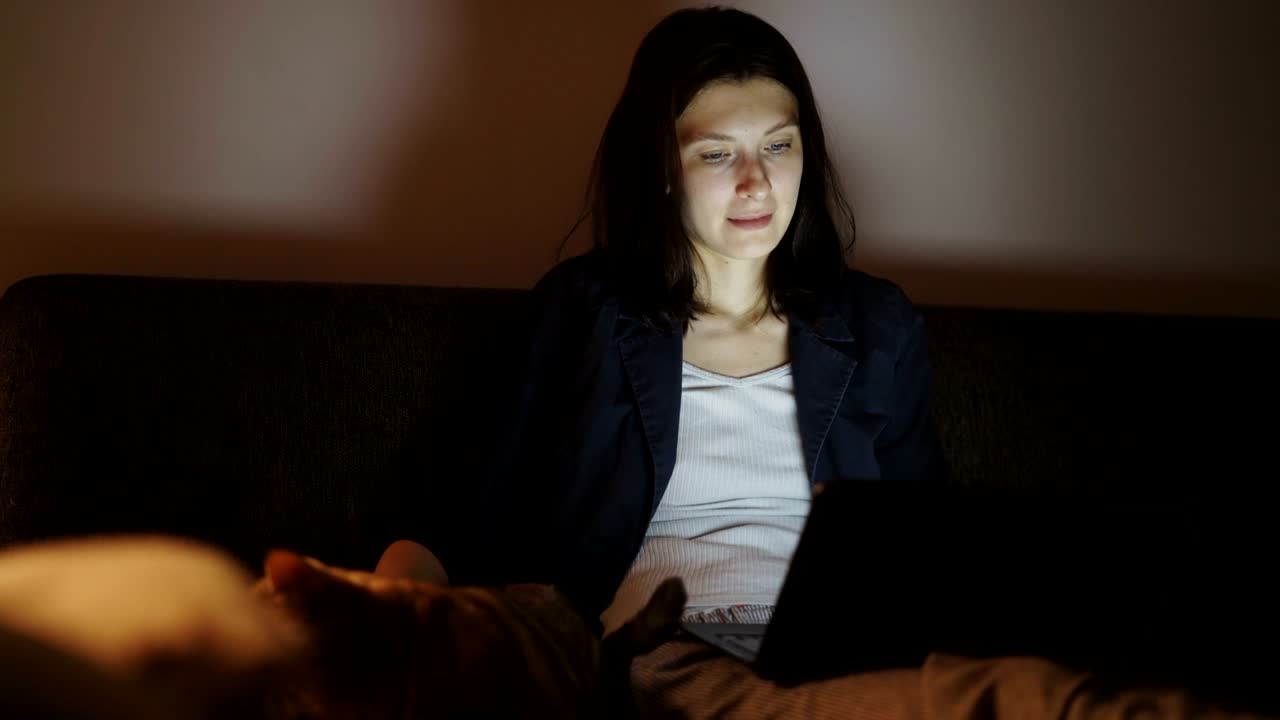 Young woman watching laptop and stroking the cat sitting on sofa at home in night time
