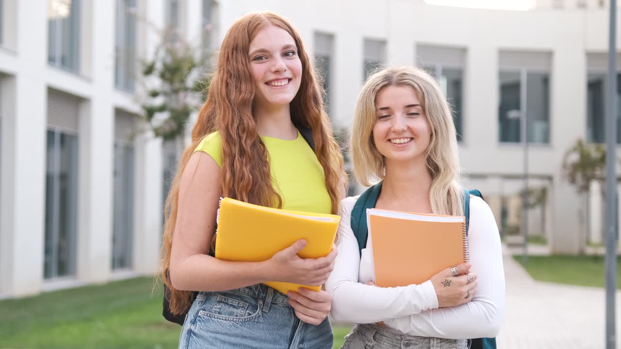 Smiling young female friends holding books on university campus