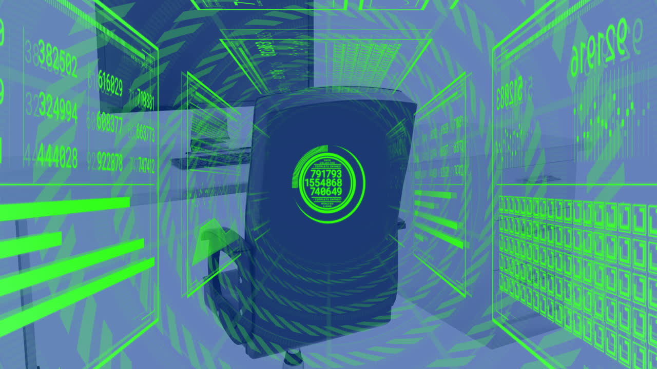 animación del procesamiento de datos financieros en computadora en el escritorio de la oficina y fondo azul