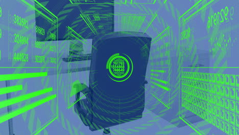 animación del procesamiento de datos financieros en computadora en el escritorio de la oficina y fondo azul
