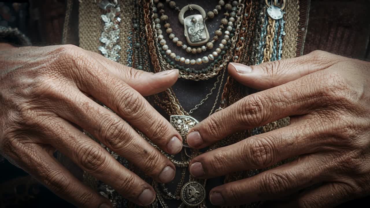 Mani anziane che esaminano collane a più strati in primo piano sul petto, centrando un ciondolo a goccia.