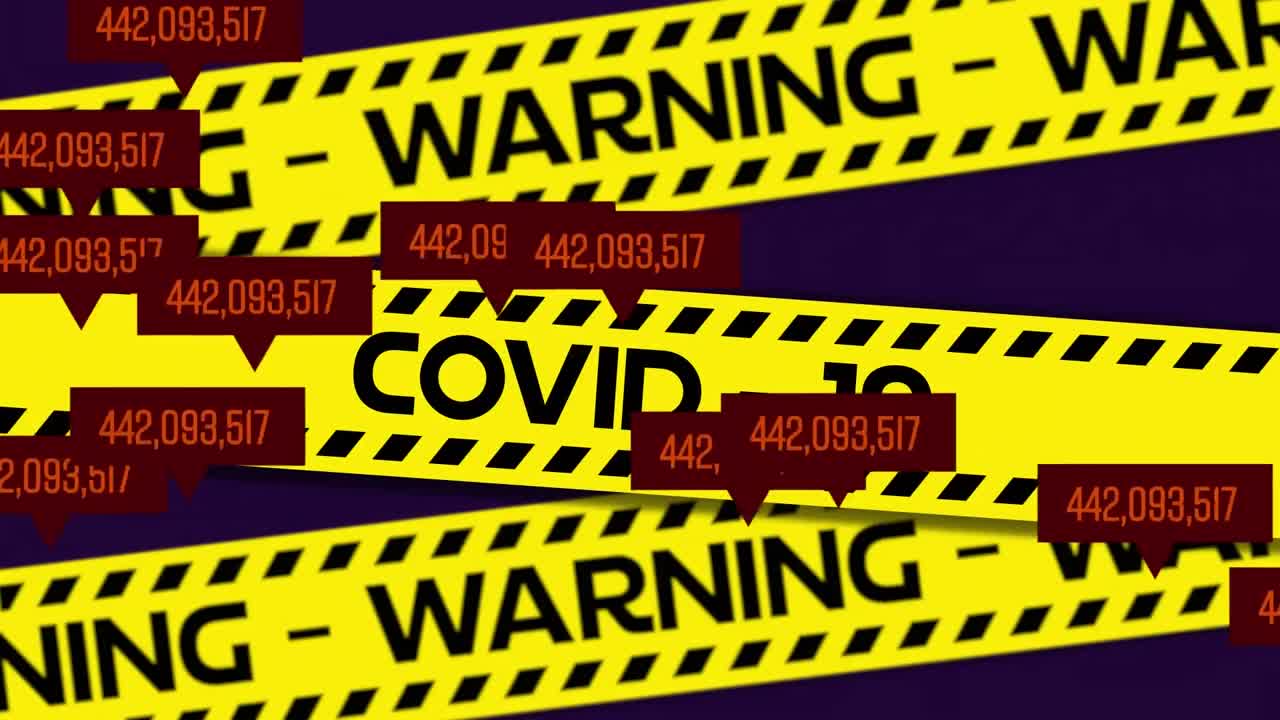 Changing numbers on speech bubbles against yellow police tapes with warning and covid-19 text