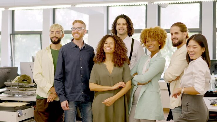 Multikulturelle, afslappede forretningsfolk, der står i et coworking-område