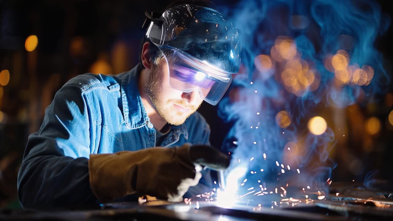 Focused welder wearing protective gear, creating sparks and blue smoke in a workshop, showcasing the art and skill of metal crafting in a vibrant environment