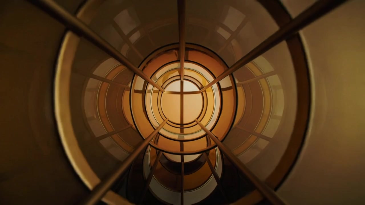 Starting camera moving along central axis of cylinder, showing concentric rings, X rods, panels