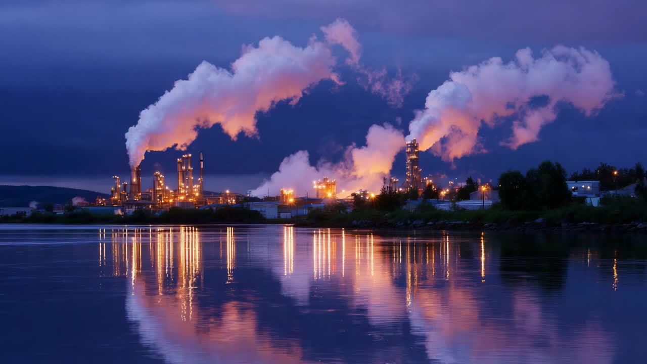En fredfyldt tusmørkeudsigt over et industrielt landskab, der spejler sig i roligt vand, og som viser den fantastiske kontrast mellem røg og vand, belyst af det varme lys fra et travlt fabrikskompleks.