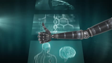 robotic hands gesturing thumbs up and medical data processing