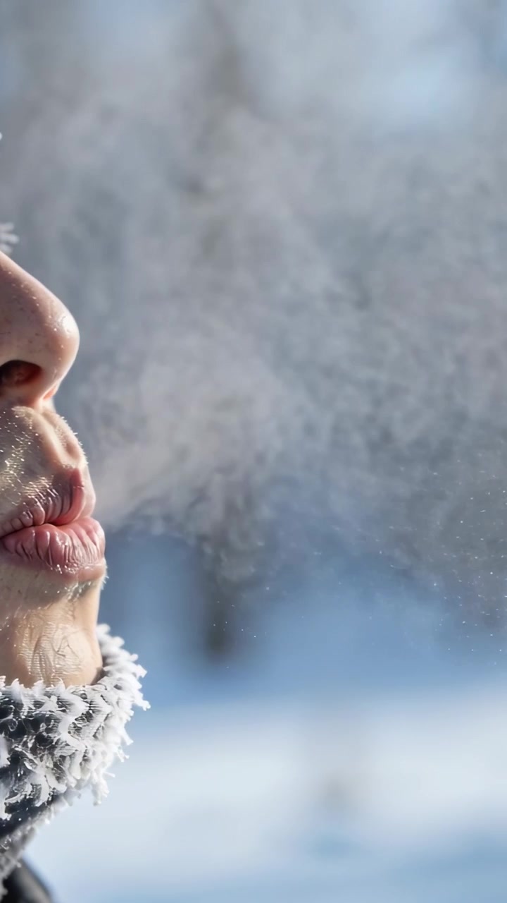 Vertikal video: Frysende mand udånder damp i parken, med strikhue, frostskæg og tørklæde, plads til tekst.