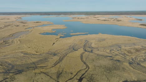 aerial establishing view of the lake overgrown with dry reeds, lake pape nature park , sunny spring day, reflections on the water surface, wide drone shot moving forward