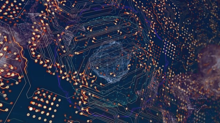 Animation of data processing over blue background