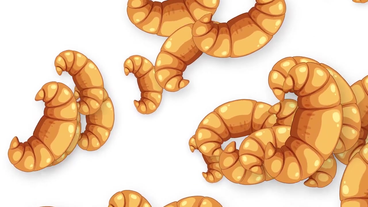 Cornetti in stile cartone animato che cadono e fluttuano in un'animazione dinamica a raffica su uno sfondo bianco semplice